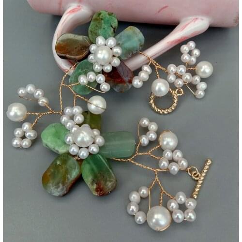 YYGEM Natural Rectangle Green Chrysoprase Real White Pearl Wrap Flower Handmade Bracelet