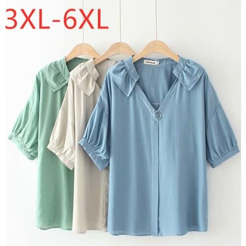 New 2021 summer plus size tops for women large blouse short sleeve casual loose cute V neck shirt blue green 3XL 4XL 5XL 6XL