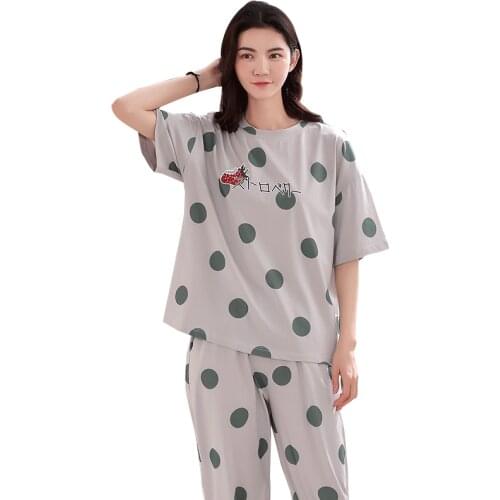 New Pajamas for Women Sleepwear Homesuit Homeclothes Short Sleeve Calf-Length Pants Dot Printing Crew Neck Pj Set Pajamas Se