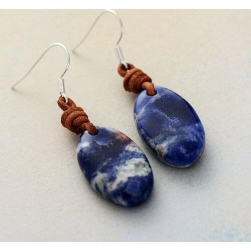 New Unique Women Earrings Egg Shape Sodalite Leather Dangle Earring Ethnic Lady Bohemian Earring Jewelry Femme Dropshipping