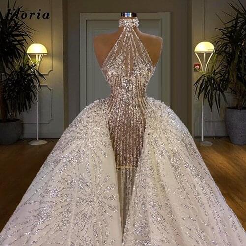 Sexy Halter Sequins Wedding Dresses 2021 Haute Couture Beading Dubai Bridal Gowns Custom Made Long Bride Dress Vestido De Noiva
