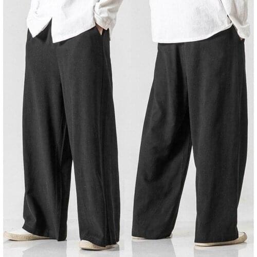 2021 Hot Mens Wide Leg Trousers Linen Cotton Pants Loose Kung Fu Tai Chi Chinese Style