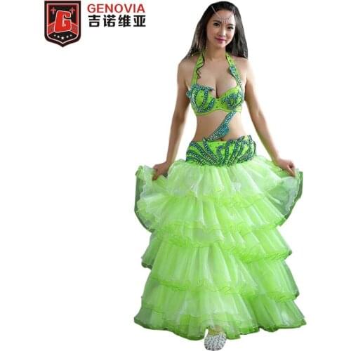 2018 Professional Performance Belly Dance Costume Luxury Mesh One-piece Dress Belly Dance Costume Set Bra Top Belt Skirt Dress