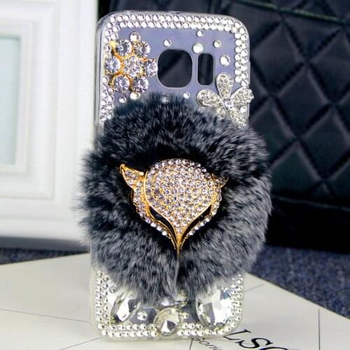 3D Luxury Bling Diamond Rabbit Fur Flower Case Gold Fox Head Phone Case For SamsungS6 S7 S8 S9 S10 S20 S21 PLUS Note5 8 9 10 20
