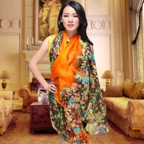Spring Autumn Plus Size Pure Silk Scarf Shawl Printed Summer Mulberry Silk Long Scarve Cover Up Female Orange Silk Scarf Cape