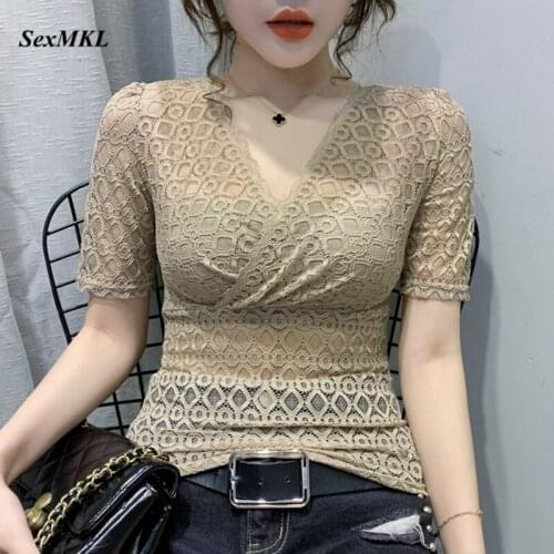 Women Summer Lace Blouse Plus Size 2021 Fashion Casual Hollow Out Corset Tops Ladies Sexy Korean V Neck Slim Black White Blouses