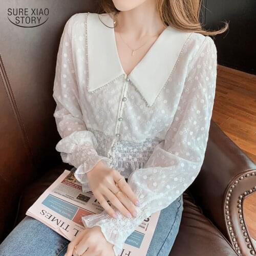 V-neck Thin Puff Sleeve Woman Shirt Autumn Retro High Waist Short Women Blouse Lace Elegant Long Sleeve Solid Blouse Woman 16243