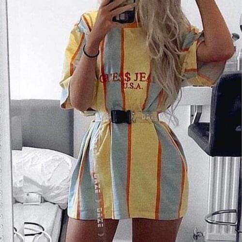 Womens Loose Casual Dress Printed Round Neck Short Sleeve High Street Dress Summer Vertical Stripes Vestidos T-shirt Clothing