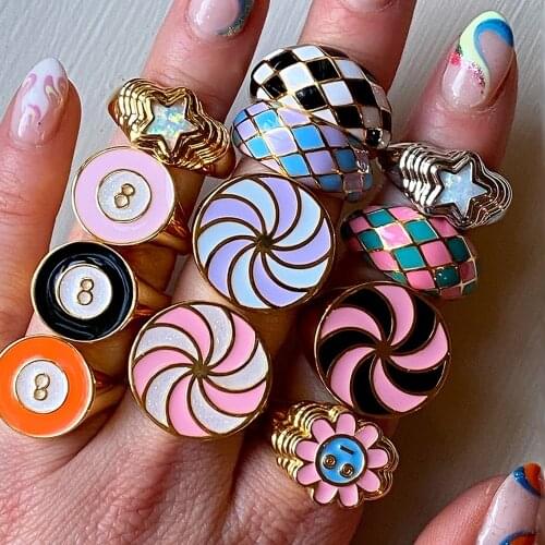 New Ins Creative Colorful Sweet Windmill Ring Vintage Drop Oil Geometric Round Spiral Rings For Women Girls Fashion Jewelry Gift
