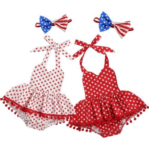 NEW 2Pcs Newborn Independence Day Outfits, Baby Girl Sleeveless Pentagram Print Halter Romper +Bowknot Headband 0-24Months