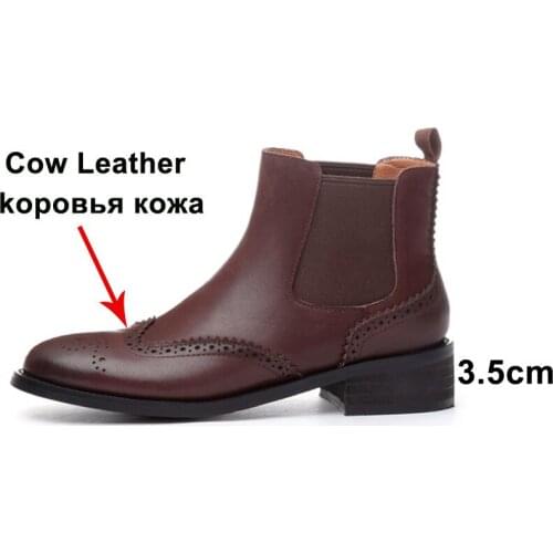 2020 Boots Women Natural Genuine Leather Thick Heels Ankle Boots Winter Autumn Round Toe Brogue Shoes Ladies Size 42