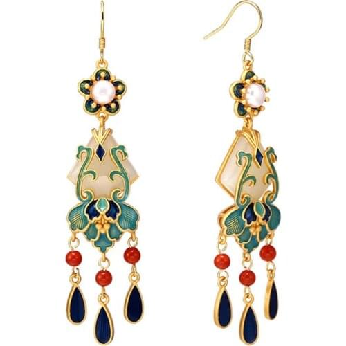2021 Trend Imitation Hetian Jade Ethnic Style South Red Tassel Earrings for Women Jewelry Long Hanging Earrings Female