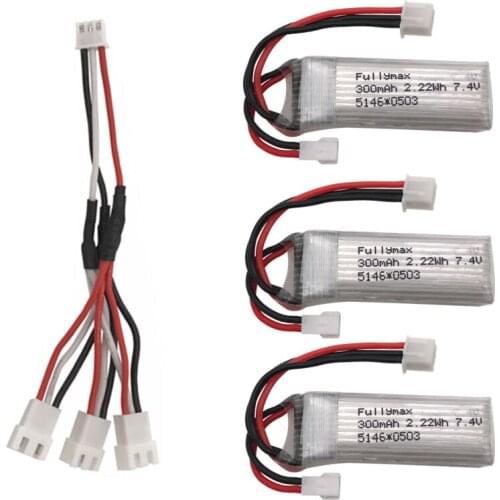 3PCS 7.4V 300mah lithium battery with 1 to 3 conversion line for WLToys F959 XK DHC-2 A600 A700 A800 A430 spare parts