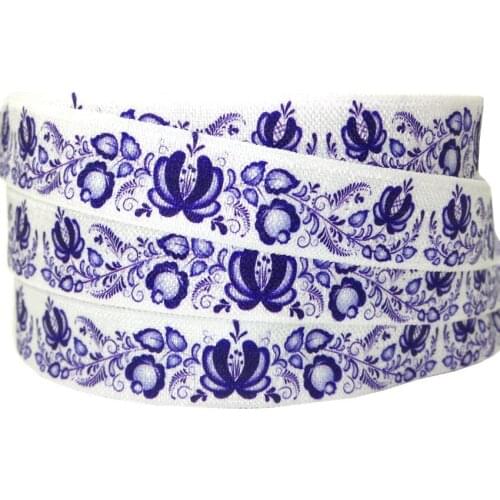 5 Yards 16mm Blue Flowers Printed fold over elastic bands Sewing Lace trim Apparel Accessories decoration