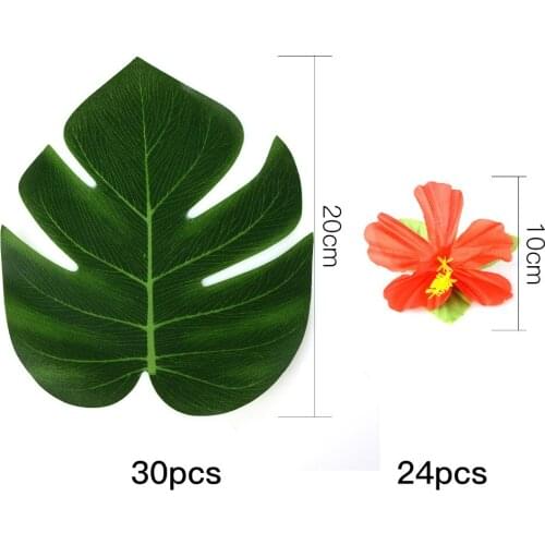 54Pcs/set Party Decor Supplies Tropical Palm Leaves Hibiscus Flowers Simulation Leaf for Hawaiian Jungle Beach Party DIY Decor