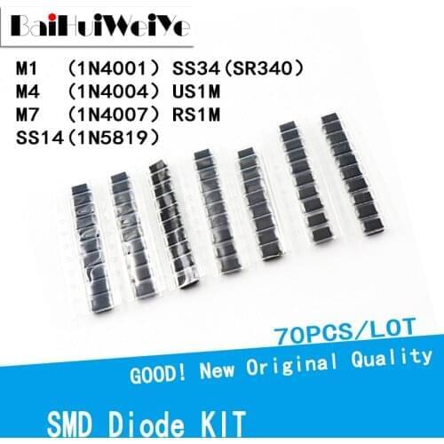 Free Shiping 70pcs/lot SMD Diode Assorted Kit 7values*10pcs M1 M4 M7 US1M RS1M SS14 SS34 SMA 1N4001 1N4004 1N4007 1N5819 SR340