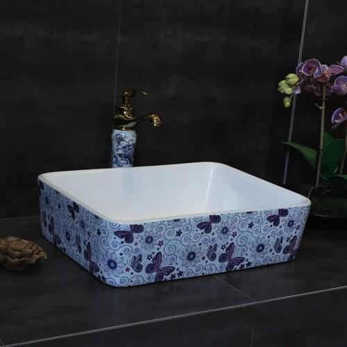 Colorful Blue And White Art Washing basin Jingdezhen rectangular ceramic wash basin bathroom sink