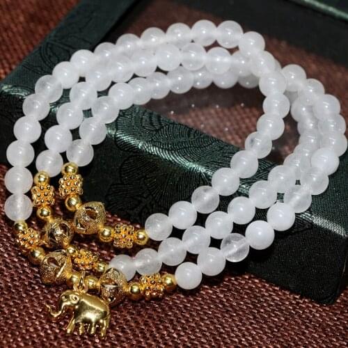 Natural stone chalcedony white jades round beads gold-color accessories multilayer bracelets for women 6mm elastic jewelry B2205
