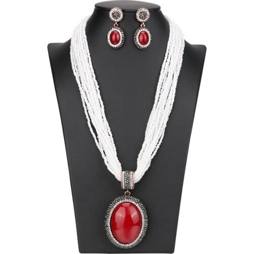 Statement Boho Jewelry Set Red Stone White Beads Pendant Necklace Earrings Sets Ethnic Layered Choker Sweater Chain Collar Bibs
