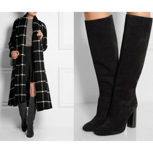 Fashion Women Black Grey Suede Chunky Heel Knee High Winter Boots Round Toe Thick Heel Women Long Boots High Quality