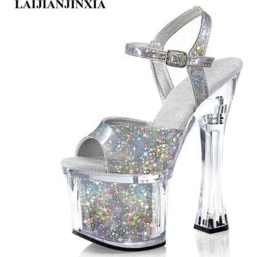 LAIJIANJINXIA New Peep toe Sequin Glitter Pole Dance Shoes Models Party Stripper Heels Stage Show Sexy 18 CM High Heels Sandals