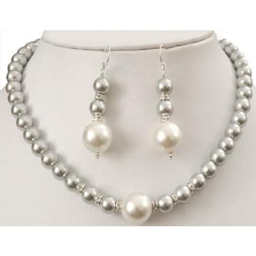 Gift word Free Shipping Prety 8-12MM Grey Sea Shell Pearl Necklace +Earring AAA 18inch real Women Fine for lady jewelry