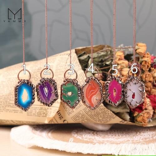 Colored Slice Agate Pendant,Hexagonal Sliced Agate Bronze Wire Winding Material Connector Necklace Jewelry,Contains Chain