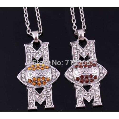 Mothers Day Gift zinc alloy American football Mom Pave clear Crystal Pendant chain necklace