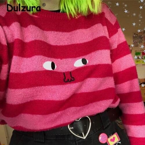 Ins Hot Funny Eyes Nose Striped Knitted Pullovers Women Fashion Brand Harajuku Girls O-Neck Sweater Sweet Pink Knitwear Femme