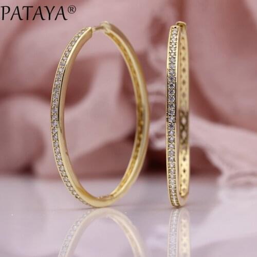 PATAYA New Big Circle Earrings Women Fashion Luxury Hollow Fine Jewelry 585 Rose Gold White Natural Zircon Oval Dangle Earrings