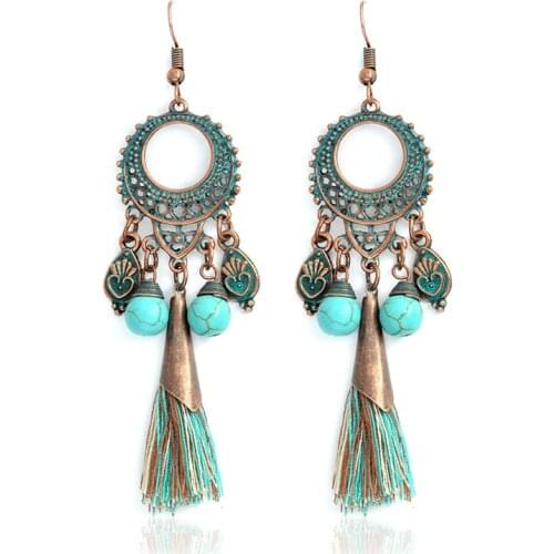 Retro Pattern Tassel Pendant Earrings Bohemian Classic Ethnic Style Jewelry Engraving Pattern Long Earrings Female Accessories