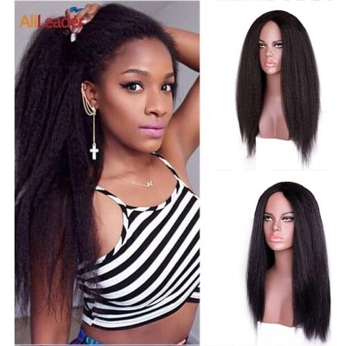 Alileader fluffy Kinky Straight Wig Yaki Straight Hair Wig For Black Women 24Inch Sythetic Hair Wig Extensions Afro Puff Wigs