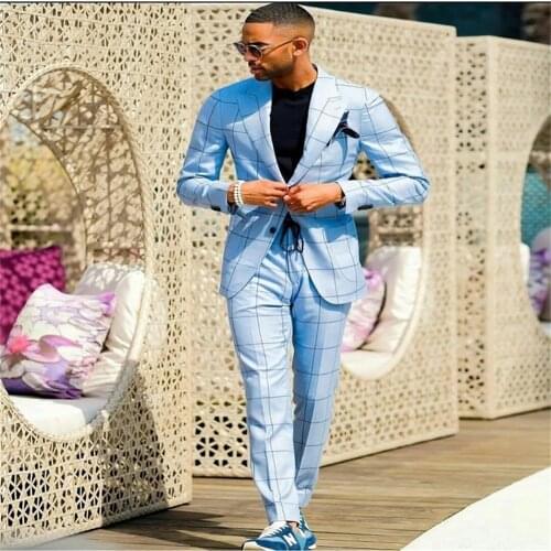 Modern 2 Piece Light Sky Blue Men Suits Plaid Noble Formal Two Button Customized Fit Party Suits Wedding Tuxedo Coat+Pants 2021