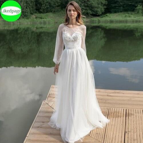 Boho Wedding Dress 2021 Vestidos De Novia Long Sleeve Elegant Lace Applique Robe Mariage Bride Gown Beaded A Line Trouwjurk Boda
