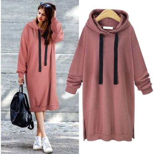 2020 Autumn Winter Women Hoodies Casual Side Split Long Sleeve Slim PlusPullover Long Drawstring Hoodie Thick Sweatshirt Dress