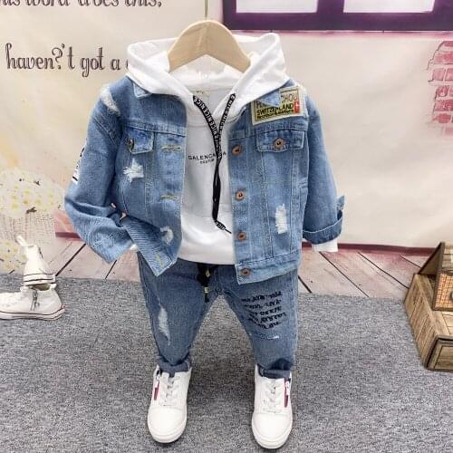 Spring Autumn Toddler Kids Baby Boys Outfit Clothes Cotton Cowboy Jacket, Hoodie and Jeans 3PCS Set Boys Sports Suit 2-6YEARS