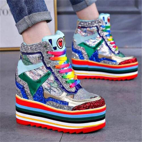 Womens Shiny Glitter Fashion Sneaker Leather Ankle Boots Platform Wedge High Heels Party Casual Creepers Oxfords Lace Up Shoes