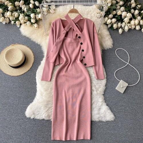 SINGREINY Women Autumn Winter Knit Set Casual Loose Long Sleeve Cardigan+Sexy Backless Bodycon Halter Strap Dress Two Piece Suit