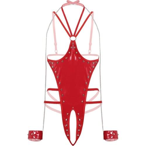 Womens Erotic Lingerie Wet Look Leather Halter Neck Bare Exposed Breasts Crotchless Thong Leotard Bodysuit with Chain Manacle