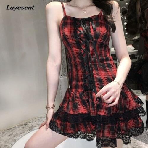 Women Plaid Sexy Gothic Strap Dress Lady Jk Sleeveless Backless Lace Spliced Lace-up Cascading Ruffle Dress Summer Streetwear