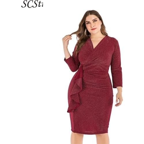 SCSTRONGER Autumn And Winter New Plus Size Womens V Neck Long Sleeved Slim Waist Bag Hip Dress Vestidos Mujer Verano 2021