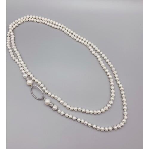 FoLisaUnique 7-8mm AAA Freshwater White Pearls Necklace For Women Girls Classic Trendy Long Necklace Shiny Cubic Zirconia Beads