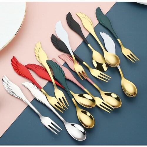 1PC Stainless Steel Angel Wing Spoon Fork Cake Coffee Dessert Tea Ice Cream Stirring Spoons Cutlery Set