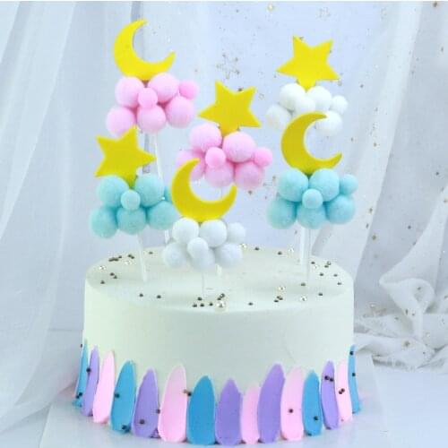 1PC Stars moon Soft Pompom Cloud Cake Topper Happy Birthday Party DIY Cake Top Flags Decoration For Cake Topper Festival Supplie