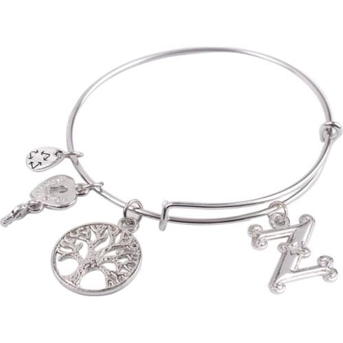 5PCS Silver Color Tone Initial Z Letter charm Expandable Wire Bangle #91309