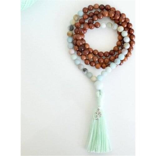 8mm Amazonite Sandalwood 108 Beads Handmade Pendant Tassel Necklace Wristband Religious Retro Tibetan Classic Buddhism Prayer