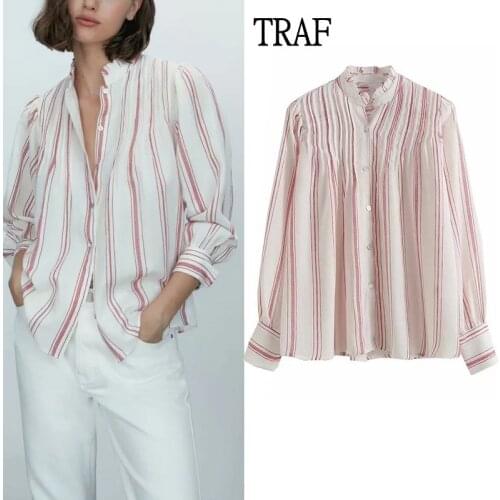 TRAF Za Womens Blouse 2021 Autumn Stripes Womens Oversize Shirt Woman Long Sleeve Clothing Office Elegant Blouses Chic Tops