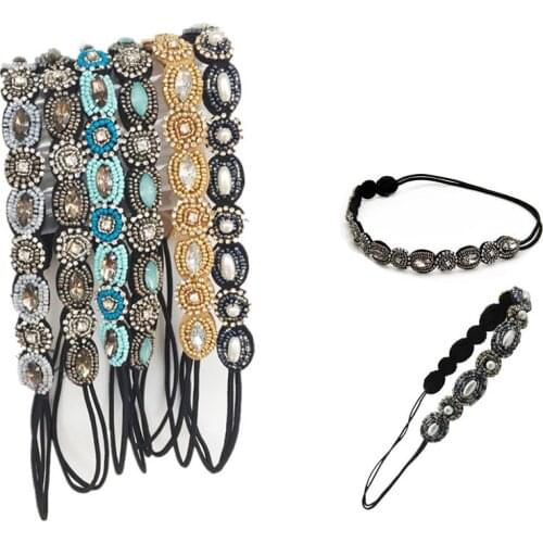 Vintage Bohemian Turquoise Beaded Hairband Rhinestone Elastic Headband for Womens Fashion Handmade Shiny Headwear Party Headwear