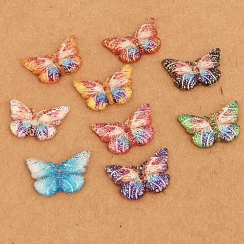 BOLIAO New 15Pcs 15*23mm Colorful Shiny Butterfly Resin Flat Back Glue on Bags/Clothes Home Accessories Decoration R387