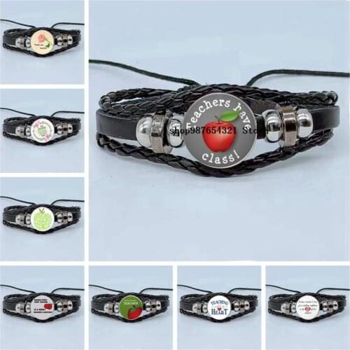 New Happy Teachers Day Gift Bracelet Convex Glass Round Multilayer Woven Leather Bracelet Teachers Day Bracelet Jewelry
